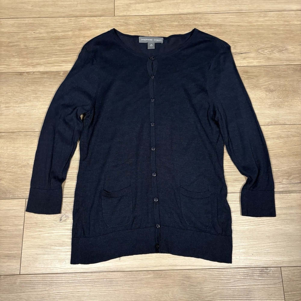 Josephine Chaus Silk Blend Ribbed Scoop Neck Sweater Navy‎ Blue Sz M Cardigan